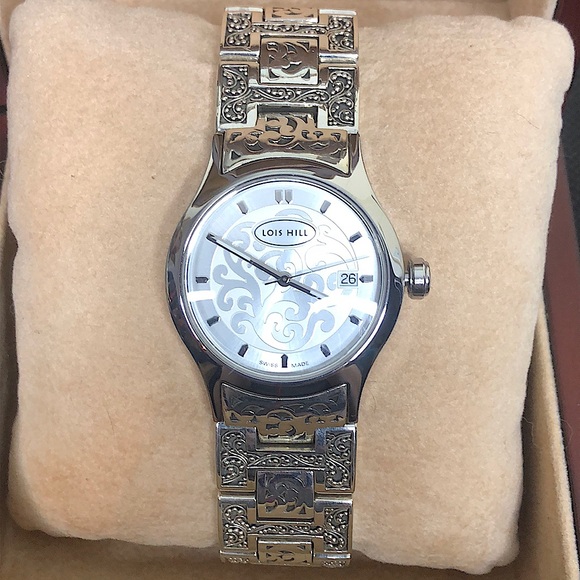 LOIS HILL Alternating Sterling Silver Links Large Round White Face Swiss Watch
